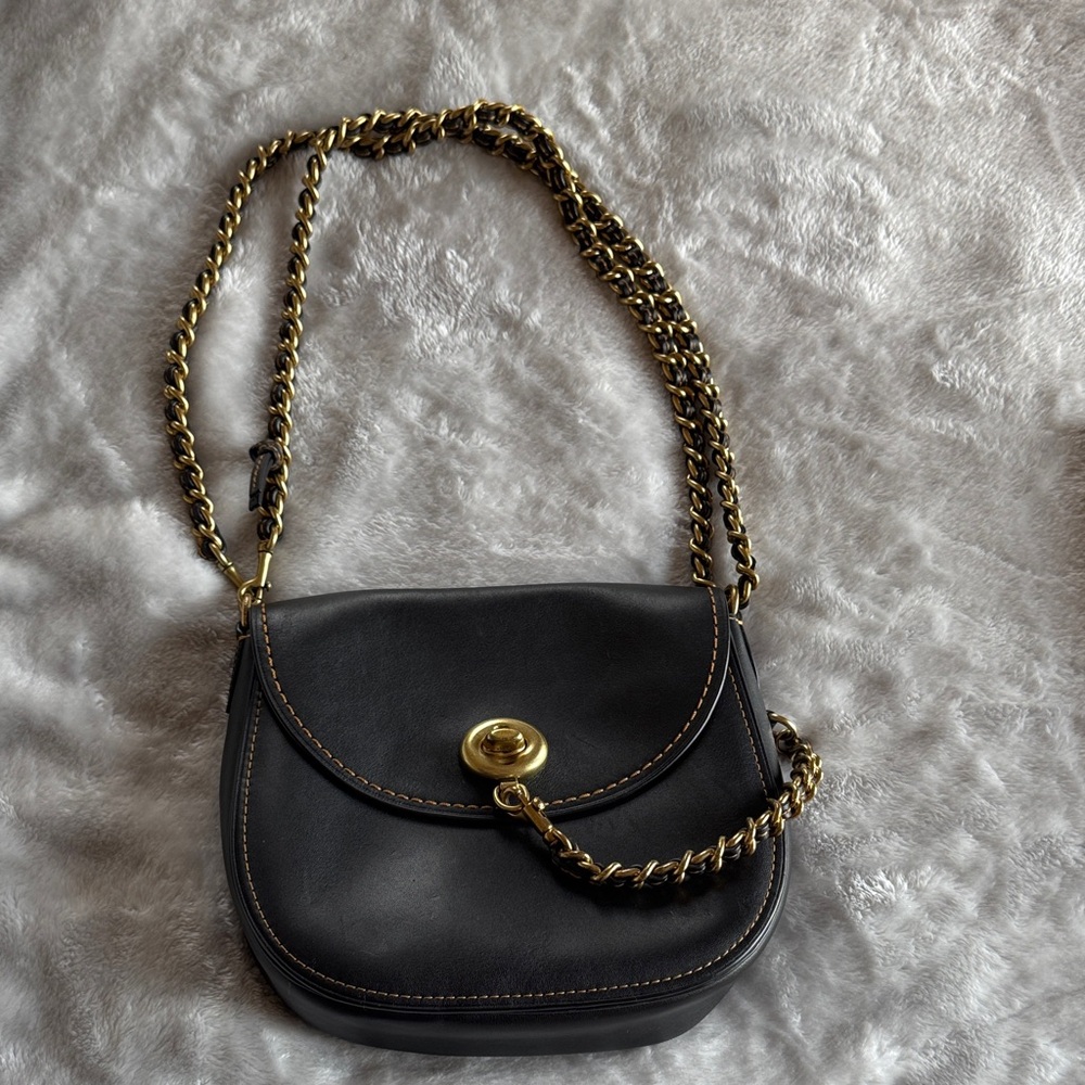Coach Black Leather Crossbody Bag with Gold Chain